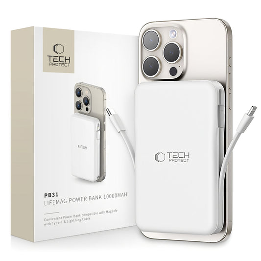 Externí bezdrátová baterie Tech-Protect PB31 LifeMag, 10000mAh, 15W, FQI, 1 x Lightning - 1 x QI - 1 x USB-A - 1 x USB-C, bílá