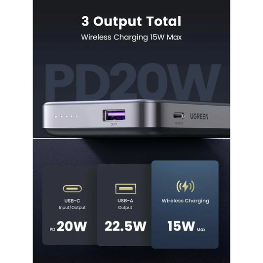 UGREEN PB206 Bezdrátová externí baterie, 10000mAh, 20W, QC + PD + FQI, 1 x QI - 1 x USB-A - 1 x USB-C, šedá 