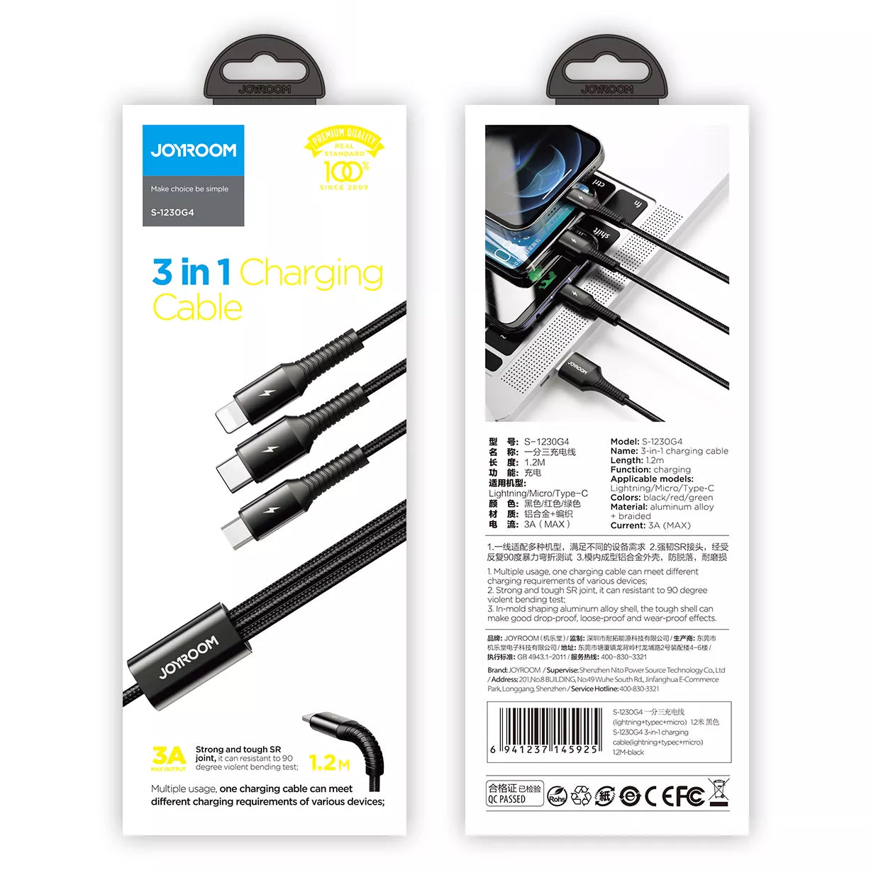 Nabíjecí kabel USB-A - Lightning / microUSB / USB-C Joyroom S-1230G4 3v1, 20W, 1,2 m, černý