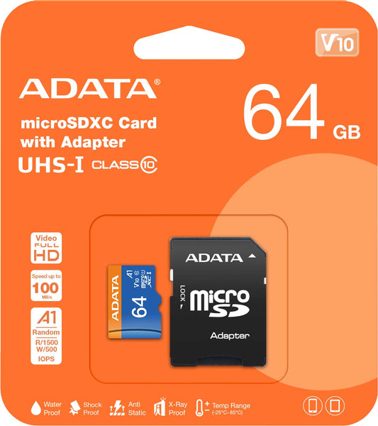 Adata microSDXC paměťová karta, 64Gb, Class 10 / UHS-1 U1, s adaptérem AUSDX64GUICL10A1-RA1 AUSDX64GUICL10A1-RA1 