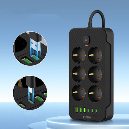 Síťová nabíječka Tech-Protect PC6X6, 3 x USB-A - 3 x USB-C - 6 x Schuko, černá 